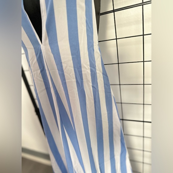 Light Blue Open Back Halter Tie Neck Zipper Closure Striped Detail Maxi Dress - Picture 9 of 17